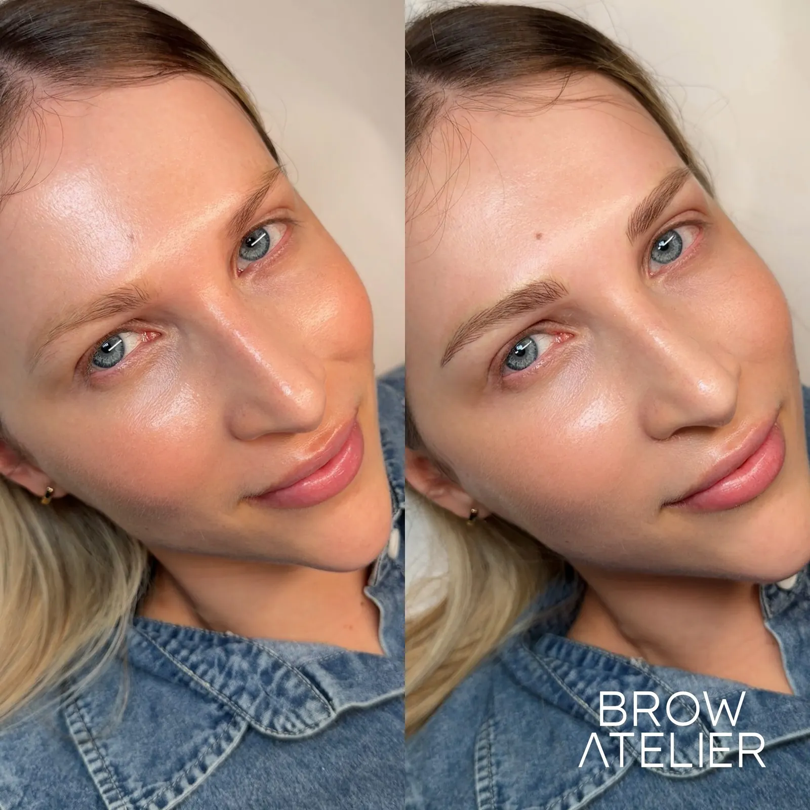 Naturale Brows, antes y después: clienta rubia con cejas más pobladas y naturales